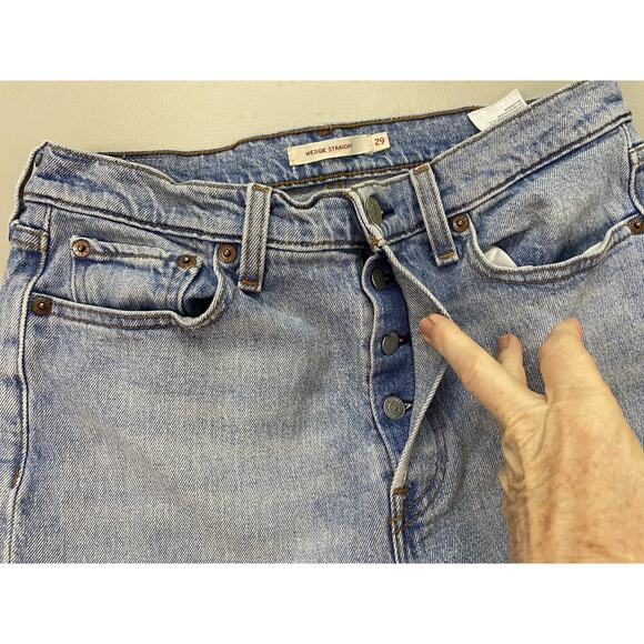Levis Wedgie Straight Jeans Womens 29 Blue High Rise Button Fly Raw Hem 29x27 - Picture 10 of 14